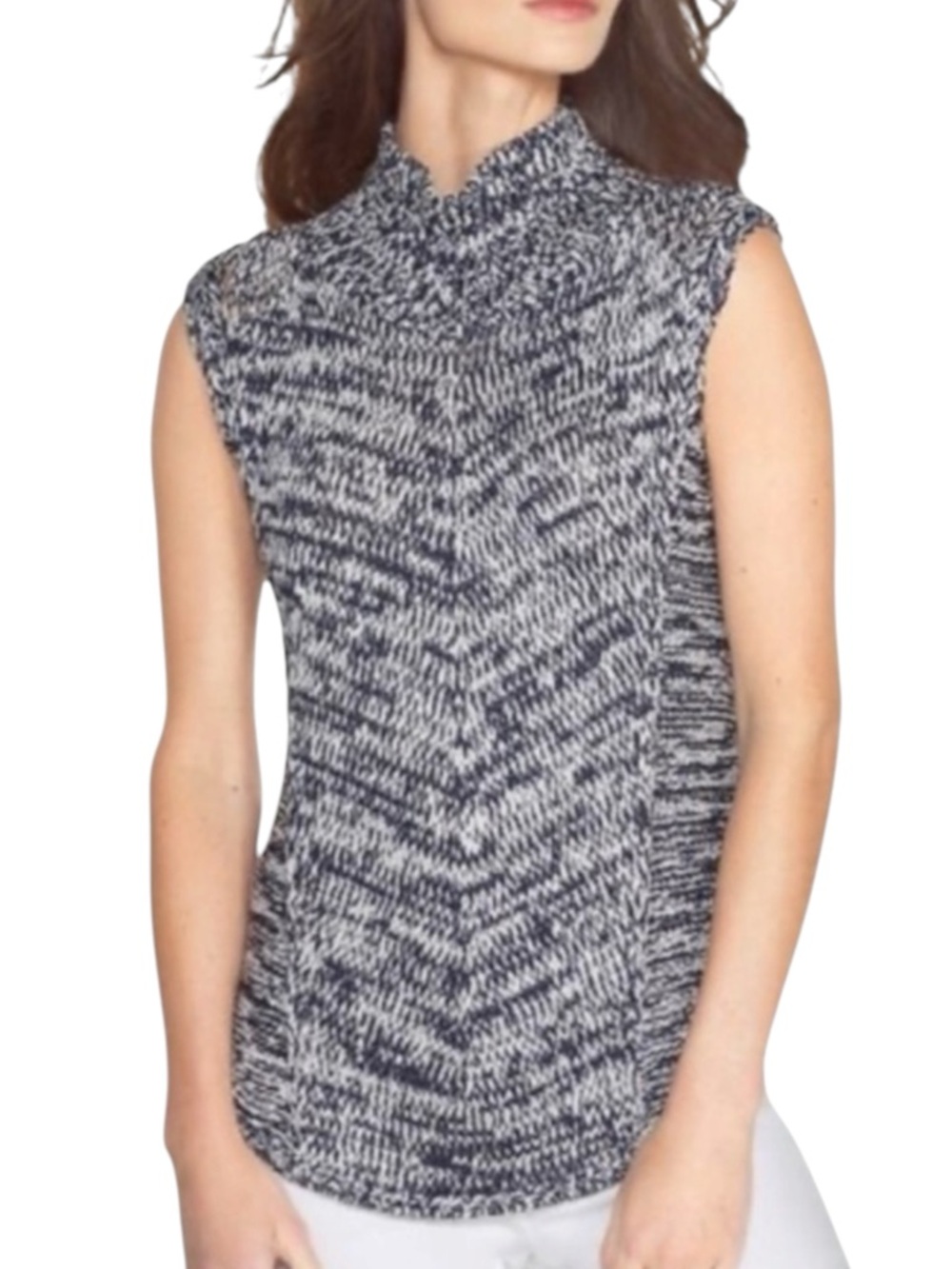 WHBM Longline Turtleneck Open Weave Knit Sweater in Navy/White Size Small